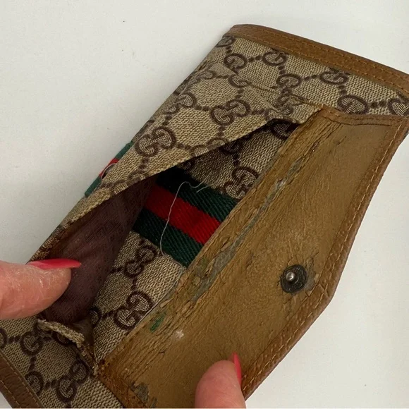 Vintage Gucci Trifold Monogrammed Clutch Brown Tan - Picture 7 of 15
